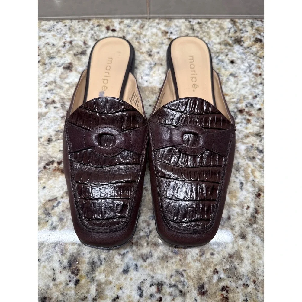 Maripe Jennifer Brown Leather Croc Embossed Mules Loafer Slides Womens 7.5 M - Picture 2 of 9